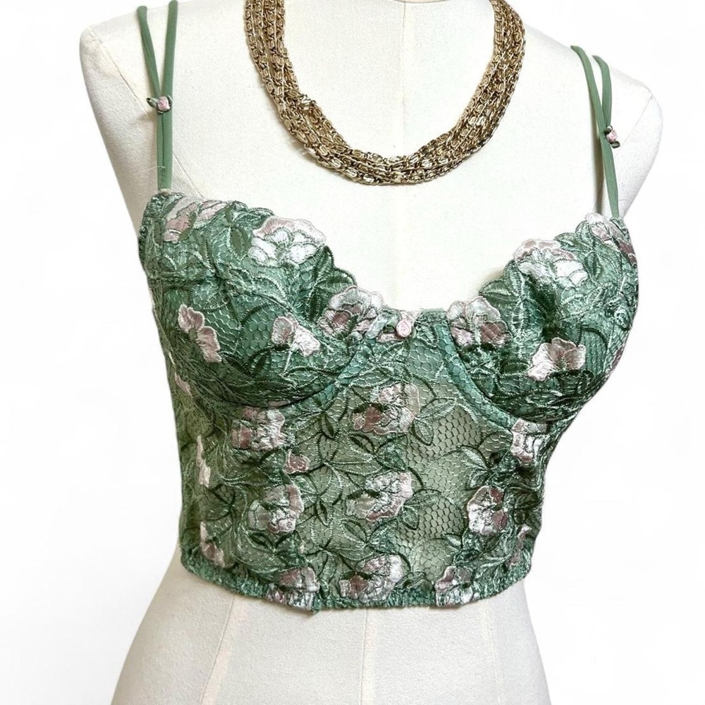 Victoria’s Secret sage green light pink floral corset tank top crop lingerie